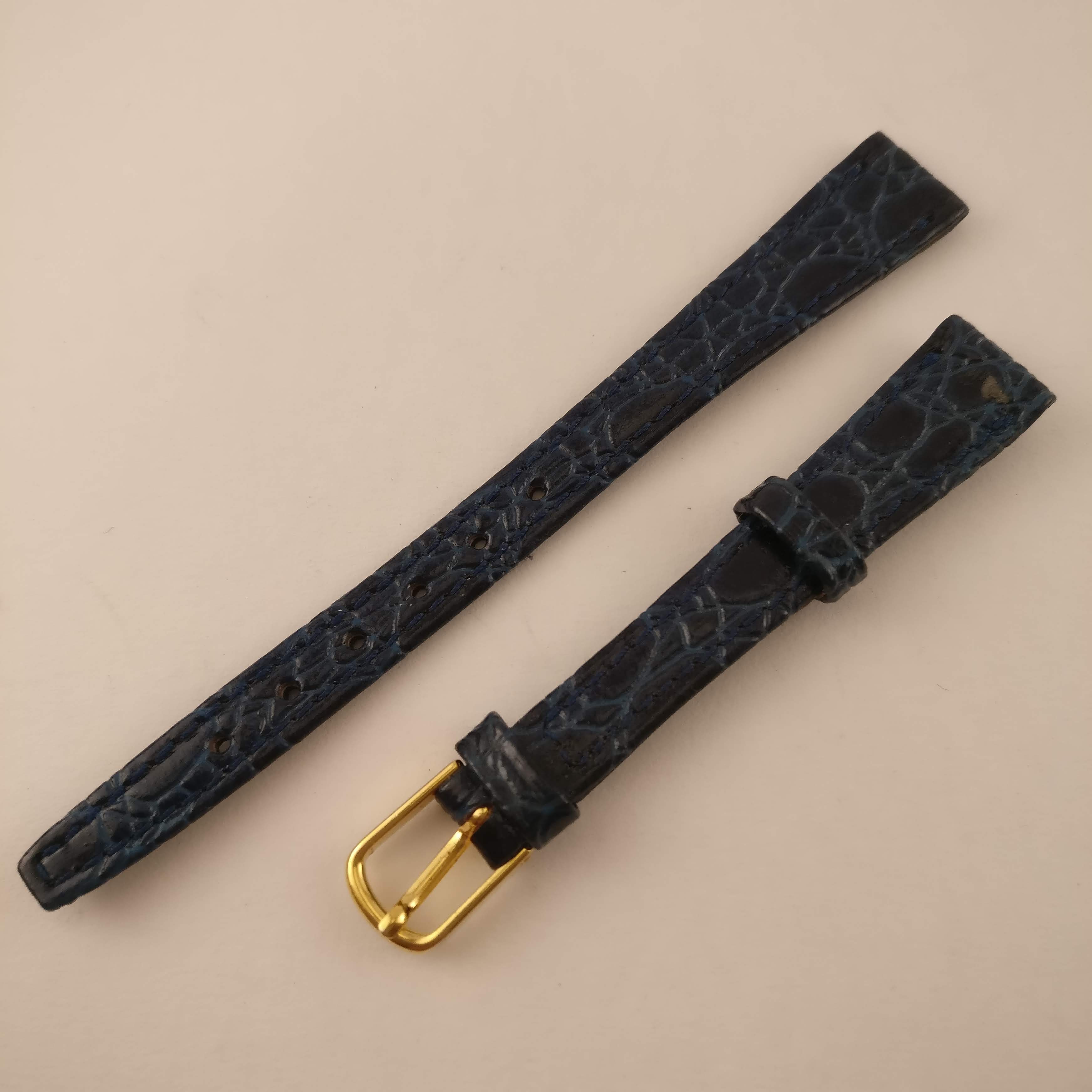 Horlogeband, donkerblauw leer, zilverkleurige gesp 12 mm
