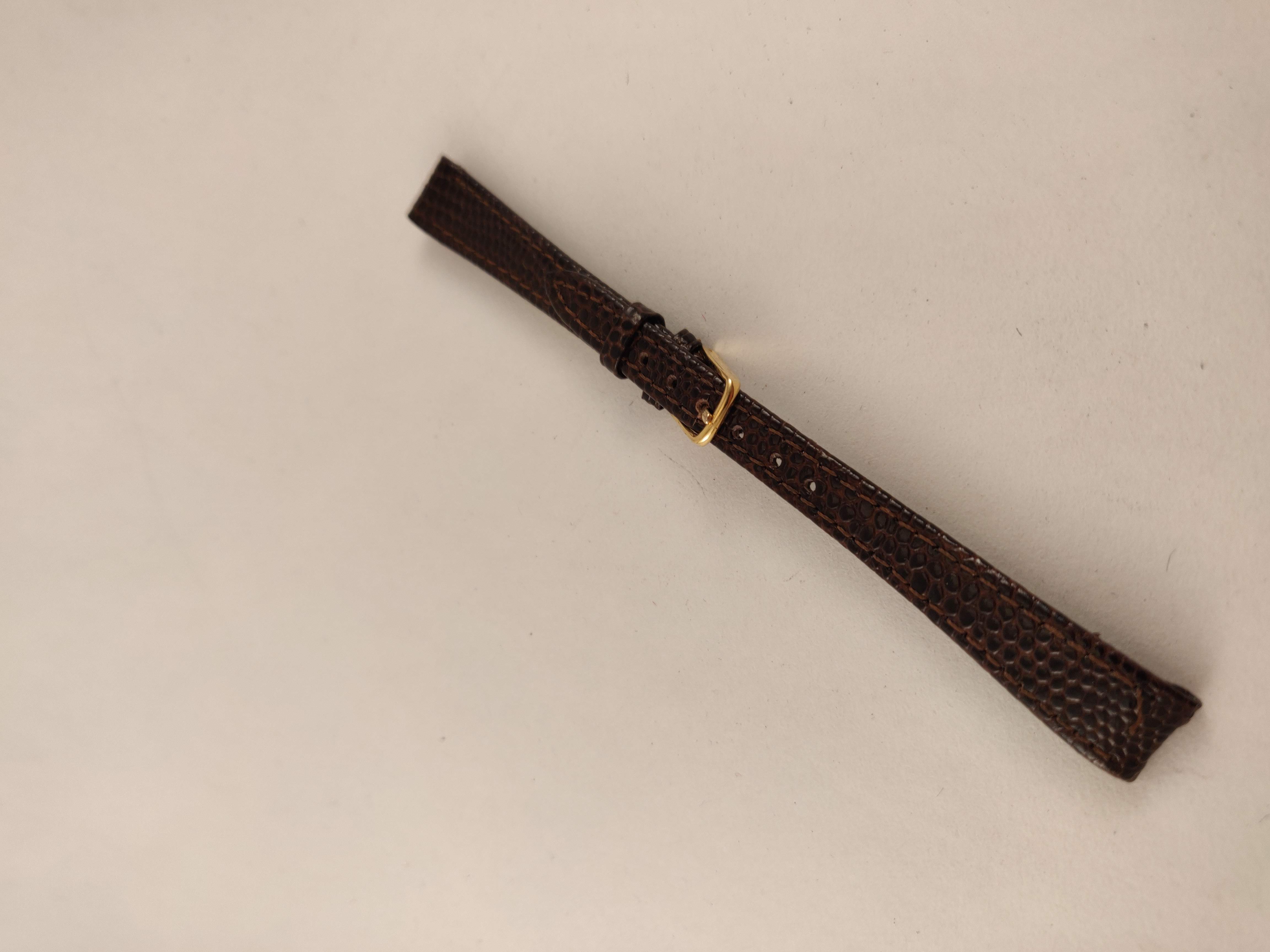 Horlogeband, Donker Bruin, Taps Toelopend, met Rood Bruin Stiksel, Relief, 12 mm