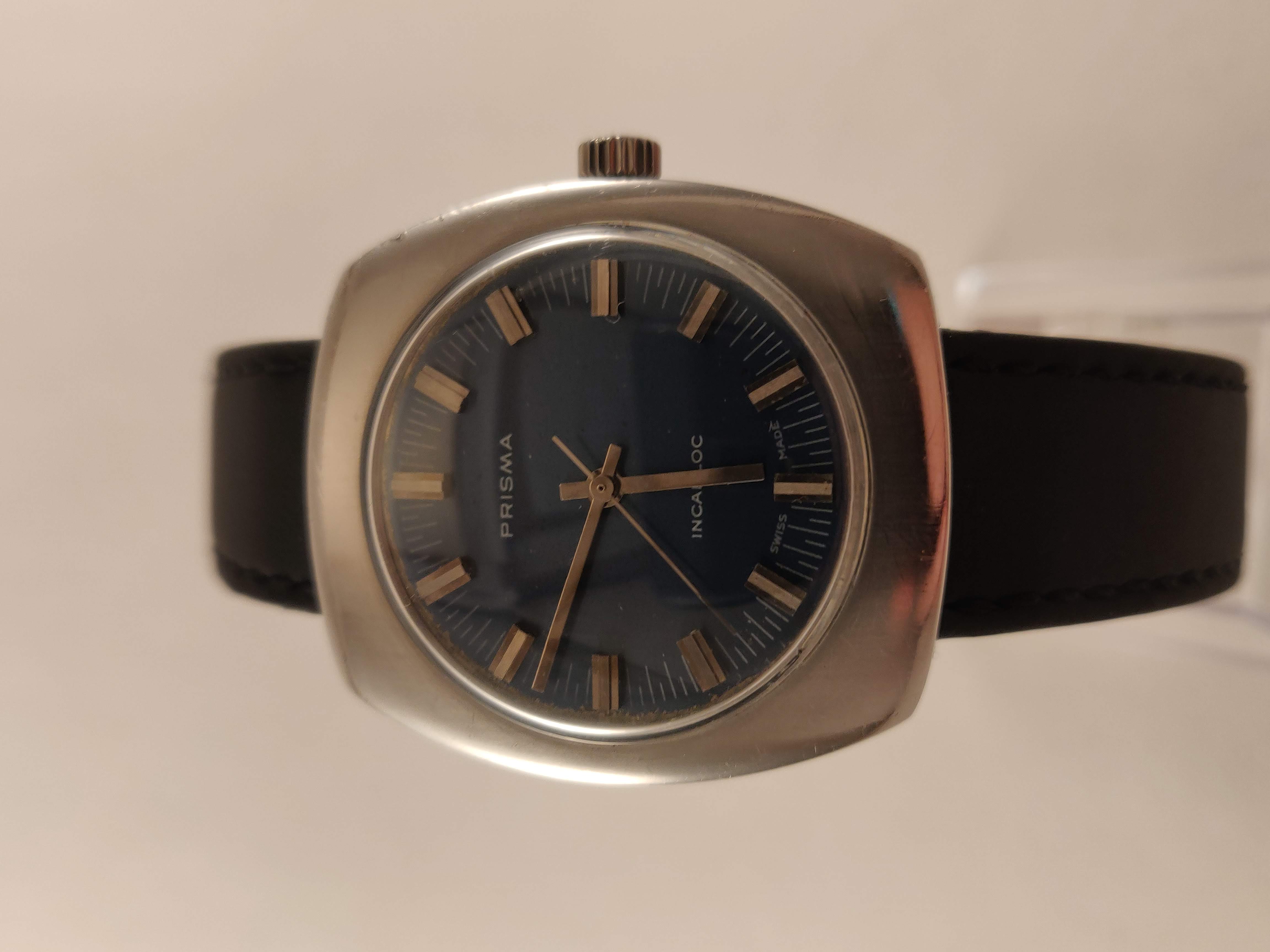 Prisma Incabloc Vintage Heren Horloge, Donker Blauw Uurwerk