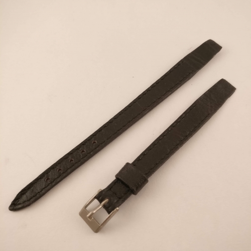 Horlogeband, zwart leer, zilverkleurige gesp 10 mm