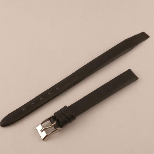 Horlogeband, zwart leer, zilverkleurige gesp 9 mm