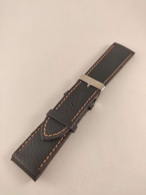 Zware Horlogeband, Zwart, Oranje of Blauw Stiksel, Dik Leer, 24 mm